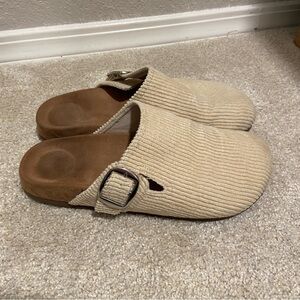 Beige Corduroy Slip-On Clogs with Buckle